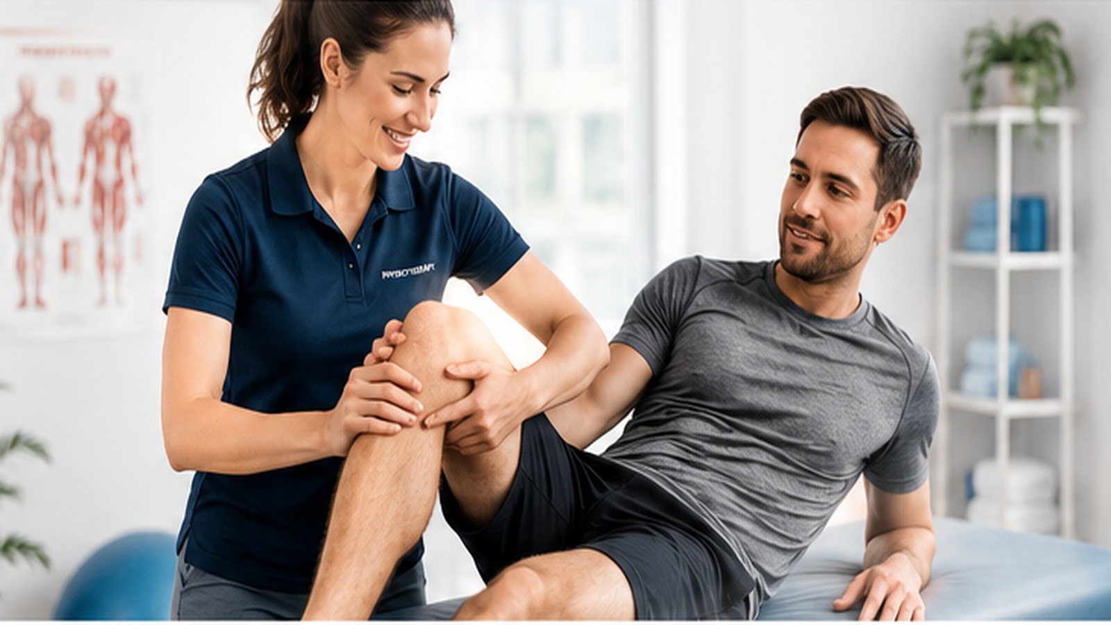 Physiotherapist assisting a patient with knee rehabilitation in a modern clinic