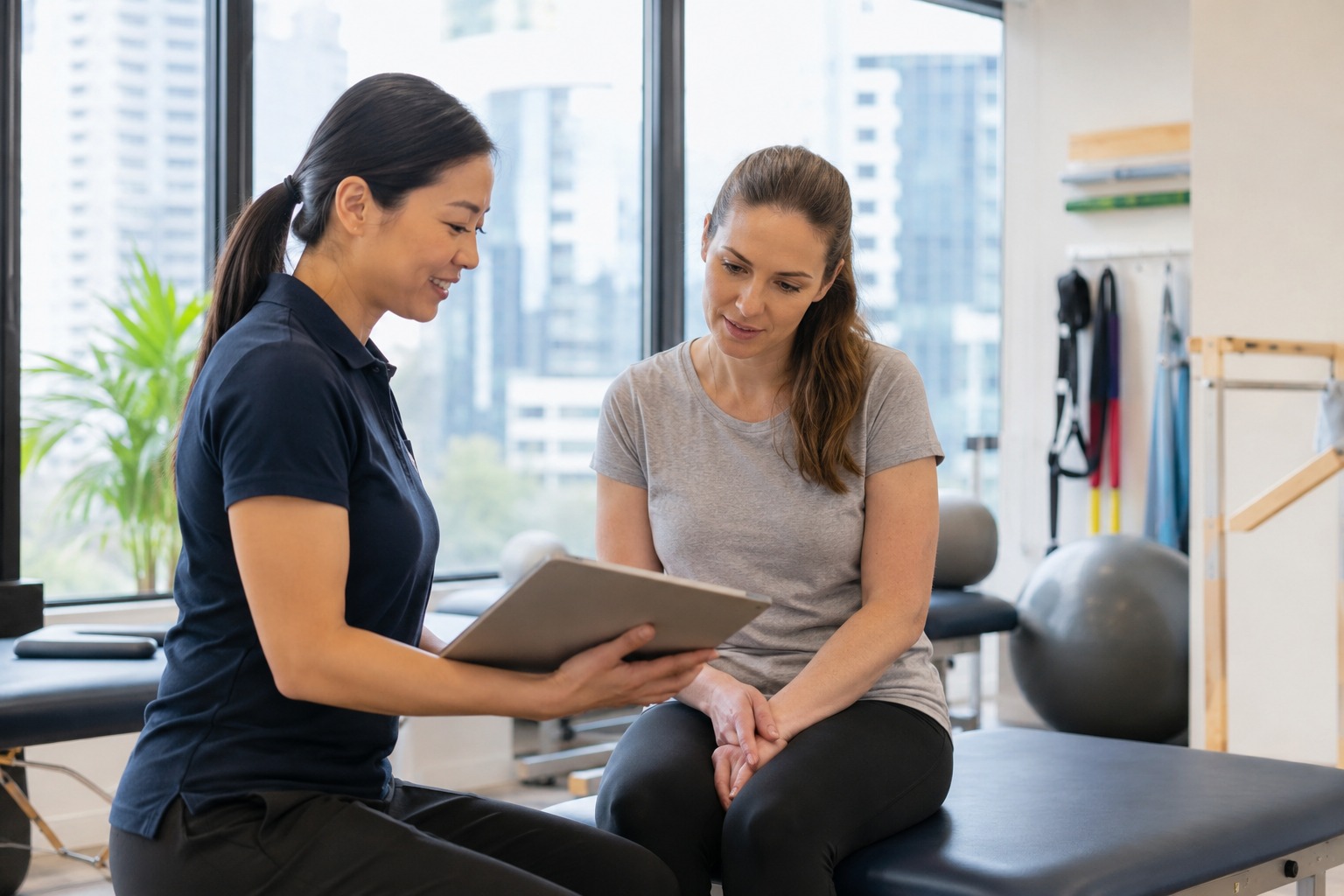 Physiotherapist guiding an upper-limb movement assessment